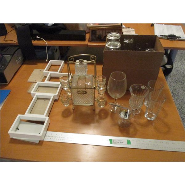 Glass Liquor Decanter w/Stand, Shot Glasses, Glassware & Picture Frame