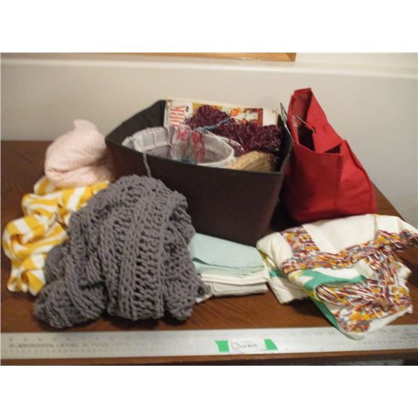 Basket Of Yard, Partially Completed Crocheted Blanket, Material etc.
