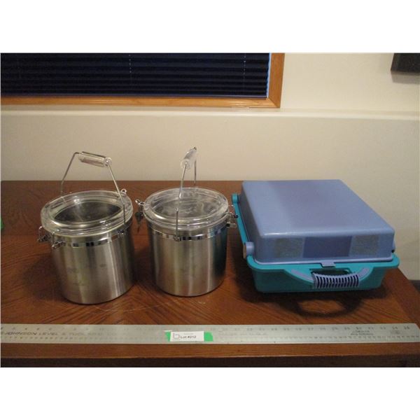 (2) Stainless Canisters w/Lids, Storage Container w/Crafting Items