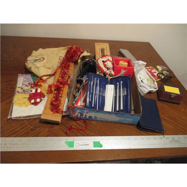 Box of Misc. Knitting, Embroidery, Crocheted & Craft Materials