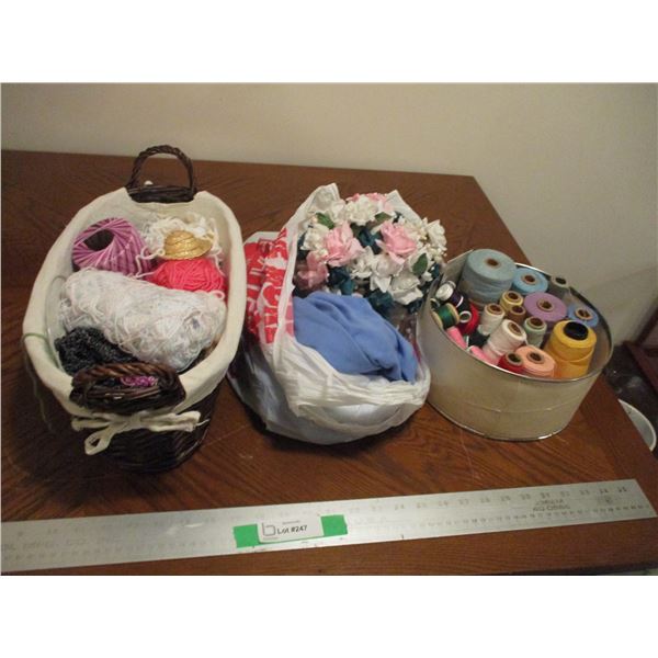 Spools of Thread & Crafting Supplies w/Woven Wicker Basket