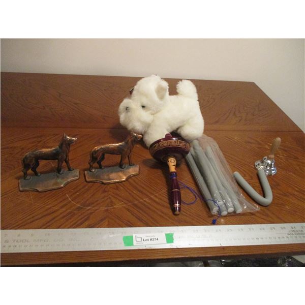 (1 pr) Copper German Sheppard Book Ends, Wooden Mexican Catch Cup Toy (No Ball), Bell, Stuffed Toy D