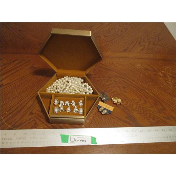 Costume Jewelry - String Pearls (Not Authenticated), Brooches, Rings, Clip- on Earrings etc. w/Box