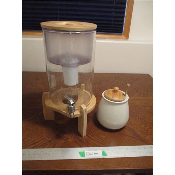 Glass Water Dispenser w/Wooden Stand & Honey Pot