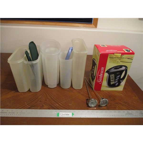 (2)Tupperware Pitchers, (4) Storage Bins, Sunbeam Electric Kettle (NIB) & (2) Thermometers