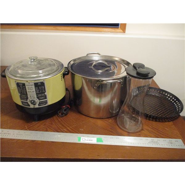 Large Stainless Steel Pot w/Fry Basket, Vintage Torcan Slow Cookers, Hour Glass Shaped Pitcher