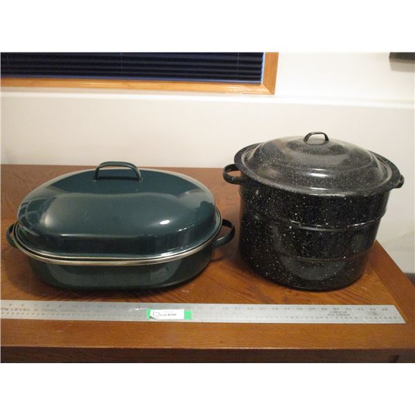 Large Enameled Roaster w/Rack (No M.M) & Enameled Canning Pot w/Rack