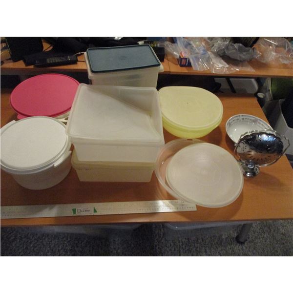 (7 pcs) Tupperware w/Lids, Collectable Chrome Folding Candy Serving Tray, Serving Bowl etc.