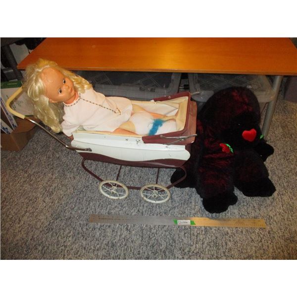 Vintage Doll Carriage w/Doll & Stuffed Gorilla