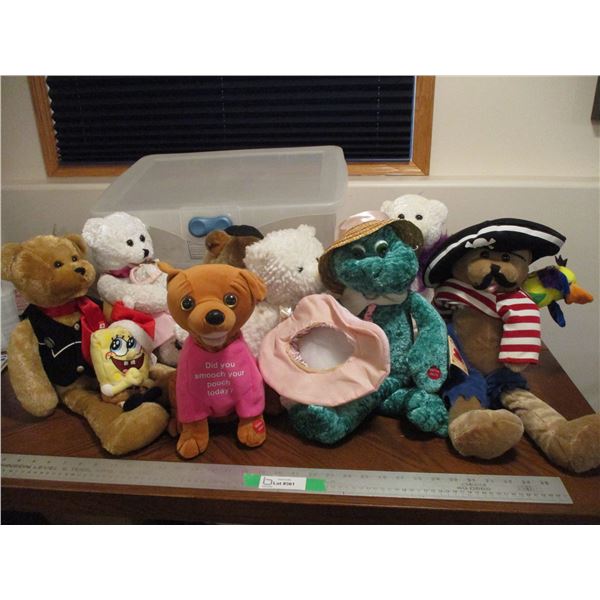 (9) Stuffed Animals, Rubbermaid (23x17" 49.6L) Tote w/Lid, & Closet Shoe Organizer