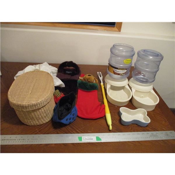 (2) Automatic Pet Feeders, Swiffer Duster Handle, Woven Basket, Small Pet Bowl, Travel Pet Bowls, Pu