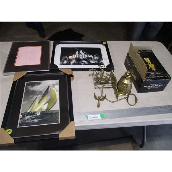 (3) Picture Frames (One w/Broken Glass) Largest is 13.5"x17.5" & European Style Brass Door Bell w/Or