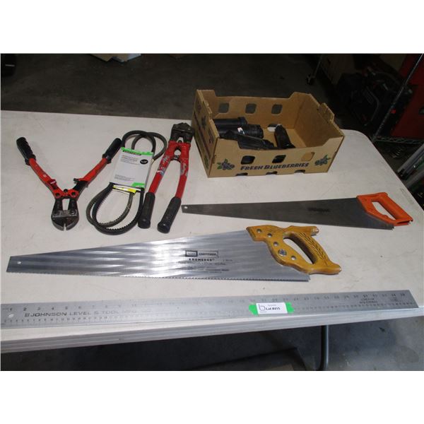 (2 Pr) Bolt Cutters, (2) Hand Rip Saws, Automotive Belts, Underground Sprinkler Parts etc.