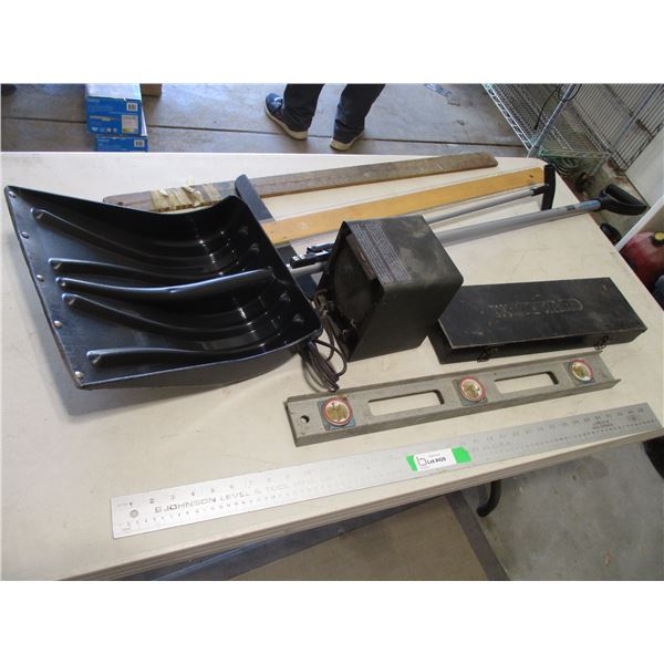 T-Square, Level, Straight Edge/Meter Stick, Two Handled Snow Shovel, Westward Tool Box w/Contents & 