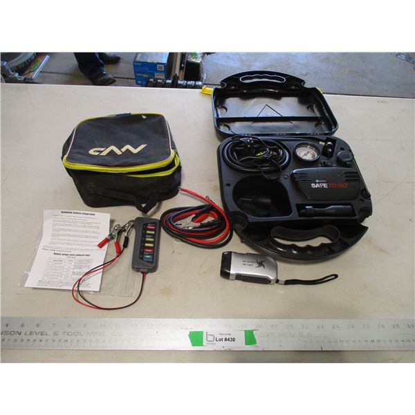 Automotive Battery Tester, Flashlight, Portable 12v Air Compressor w/Case