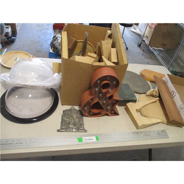 Various Wooden Items, (2) Plexiglass Flanged Domes etc.