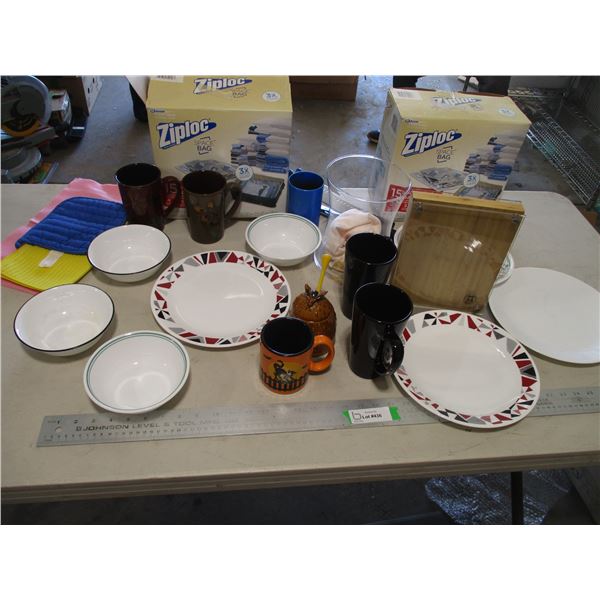 Dishware (Corelle Bowls, Mugs, Corelle Plates), Glass Vase, (2) Boxes Ziploc Space Bags etc.