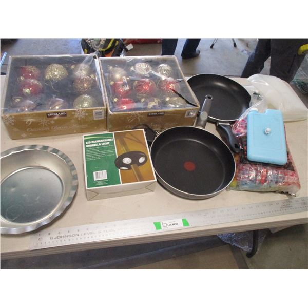 (2) Large Frying Pans, Christmas Décor., Pie Plate, Ice Pack etc.