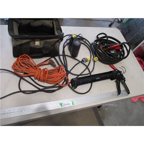 12v Air Compressor, Coffee Mug, Extension Cords, Large Tube Caulking Gun, Booster Cables etc./Bag