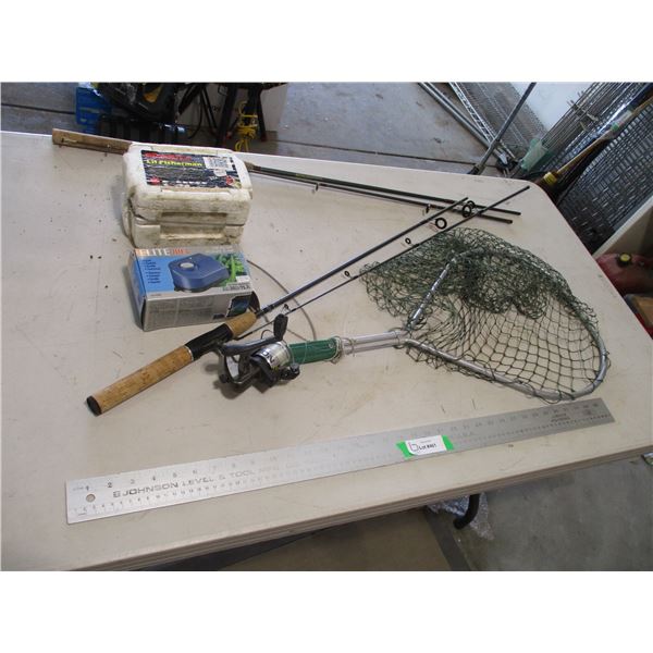 Zebco Two Piece Rod, Horizon Combo Rod, Elite Aquarium Air Pump, Styrofoam Bait Box & Vintage Fishin