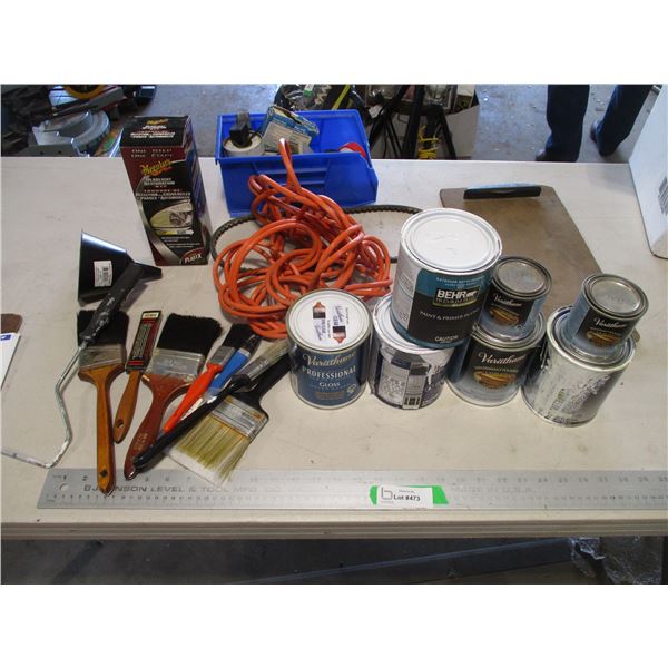 Various Items - Extension Cord, Paint Brushes, Partial     Paints/Varnishes Funnel, Tape, Headlight 