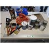 Various Items - Extension Cord, Paint Brushes, Partial     Paints/Varnishes Funnel, Tape, Headlight 
