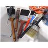 Image 4 : Various Items - Extension Cord, Paint Brushes, Partial     Paints/Varnishes Funnel, Tape, Headlight 