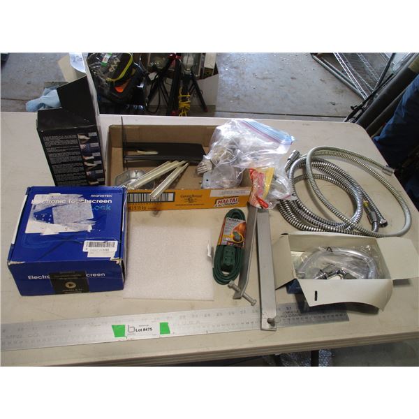Various Items - Extension Cord, Flex Hose for Shower Head, Brackets, Turtle Black Box Polish, Door H