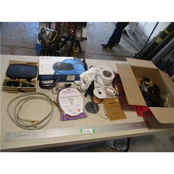 Various Items - Speaker Wire, Digital Optical Cable, Extension Cords, AV Hub, Ooma Telo etc.