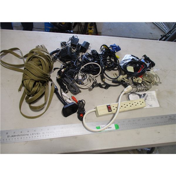 Various Cables, Charging Cords, Power Bar, Webbed Strap etc.