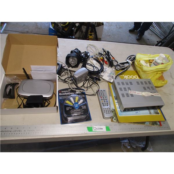 Scrap Book/Sketch Pads, Satellite Receiver, Netgear Router, Various Cables, Light etc.