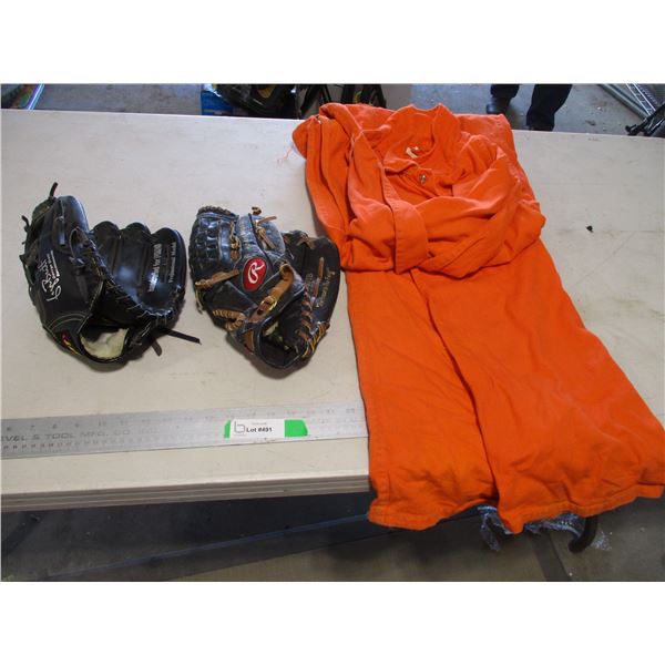 Rawlings & Brett Left Handed (Right Hand Throw) Baseball Gloves, & Orange Hunting Coveralls (Size 48