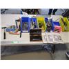 (6) Medium Sized Stackable Storage Trays w/Contents (Drill Bits, Claw Hammer, Trailer Plug, Hatchet,