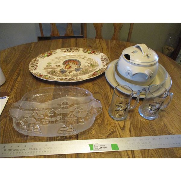 (2) Large Serving Platters, Stoneware Soup Terrine & (2) Beer Mugs