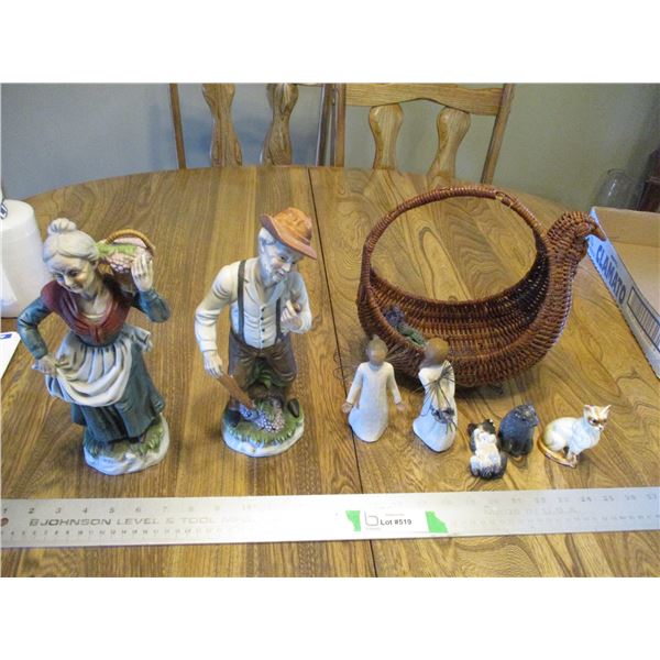 (7) Ceramic/Porcelain Figurines & Woven Chicken Basket