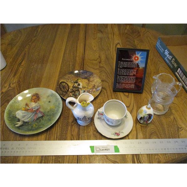 Nursery Rhyme Plates, Music Box, Clear Glassware, Small Pitcher etc.