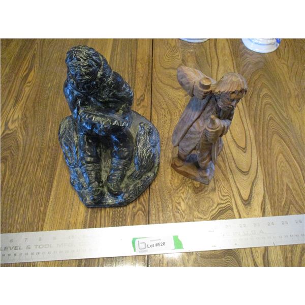 Soap Stone Looking Carving (No Markings) & Wooden Man Carving - Both 10" Tall