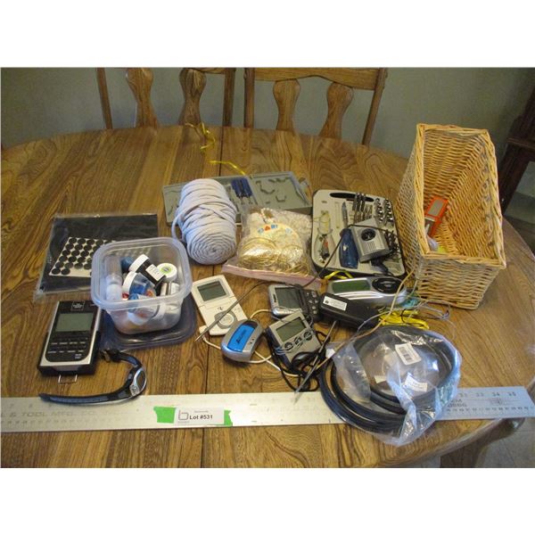 Crafting Supplies (Ribbon, String Pearls), Precision Screw Driver Set, Watch, Meat Thermometers, Bas