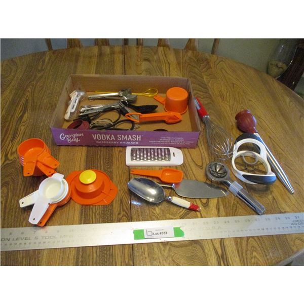 Various Kitchen Utensils - Boiled Egg Slicer, Whisk, Measuring Cups, Slicers, Baster, Shredder, Scoo