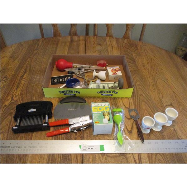 Various Kitchen Items - Meat Tenderizer, Can Opener, Egg Cups, Scraper, Baster, Bottle Brush etc.