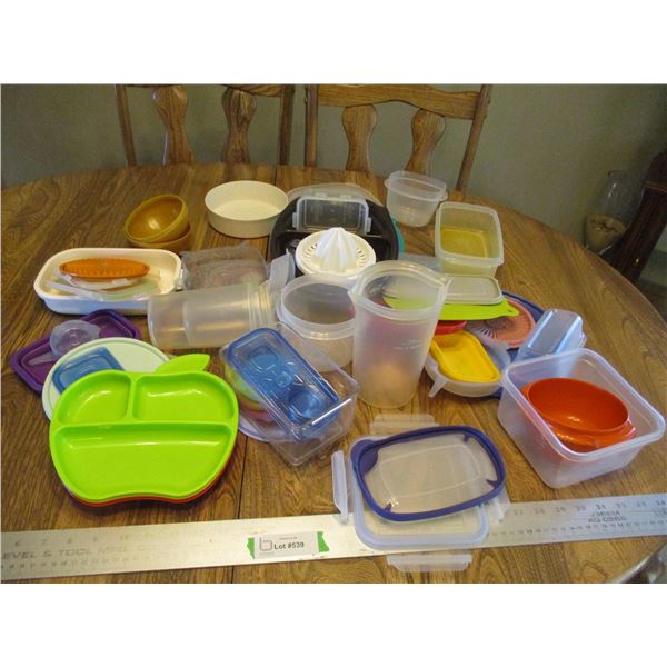 Various Plastic Kitchen Items - Storage Containers, Juicer, Divided Plates etc.