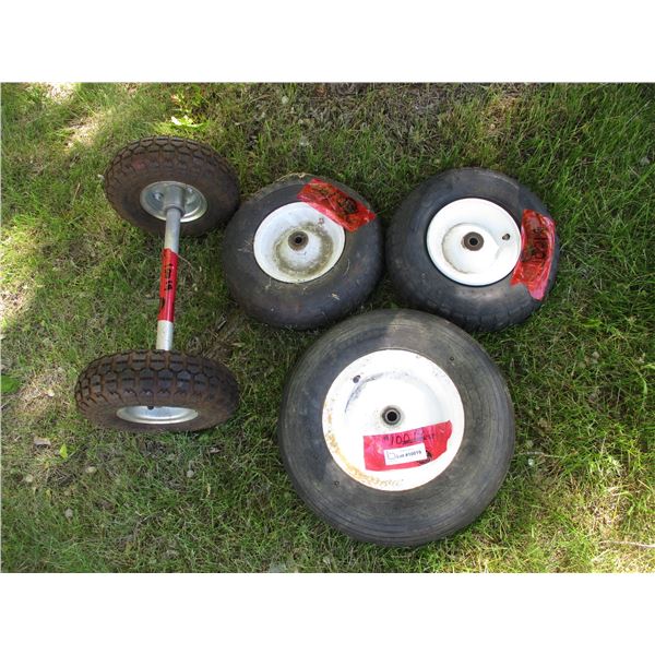 Utility Rims/Tires - (2) 13x4, (2) 4.10/3.50 w/Axle & (1) 4.80/4.00-8 (Tires Weathered)