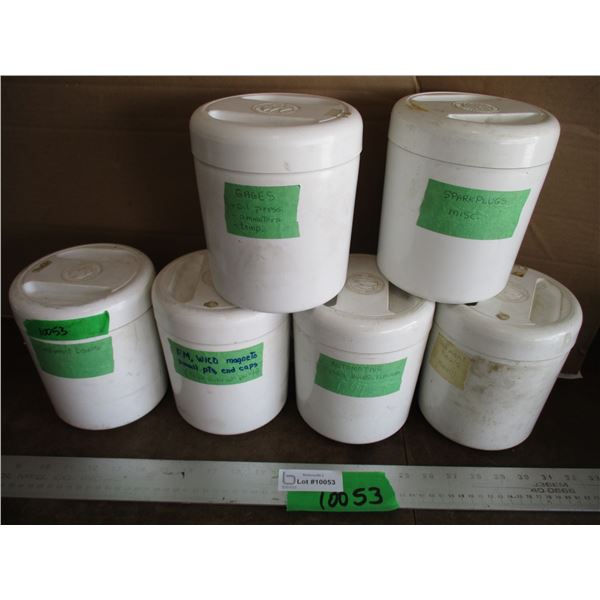 (6 Cans) Small Engine Parts Of Varying Manufacturers - Sediment Bowls , Spark Plugs, Gauges etc.(All