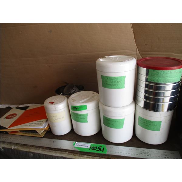 (7 Cans) Small Engine Parts Of Varying Manufacturers - Pistons, Gauges, Relays, Spark Plugs etc.(All