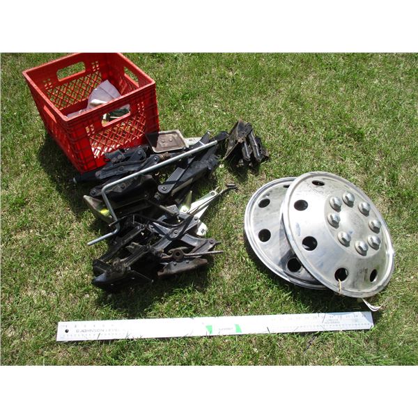 (2) 16" Hub Caps, (11) OEM Automotive Jacks & Milk Crate