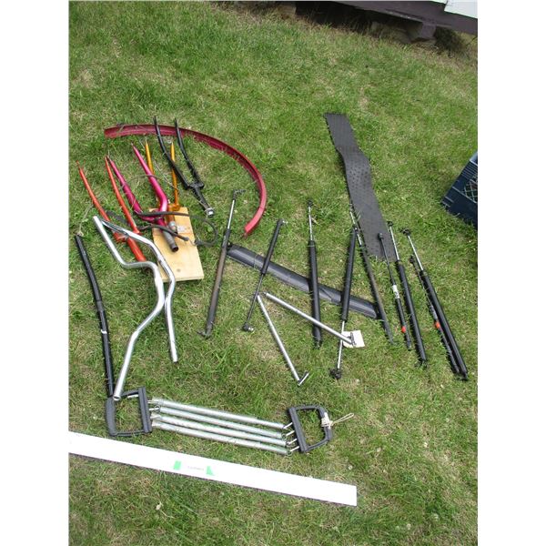 Misc. Bicycle Parts - Handle Bars, Fender, Forks etc.), Exercise Machine, (9) Gas Shocks etc.