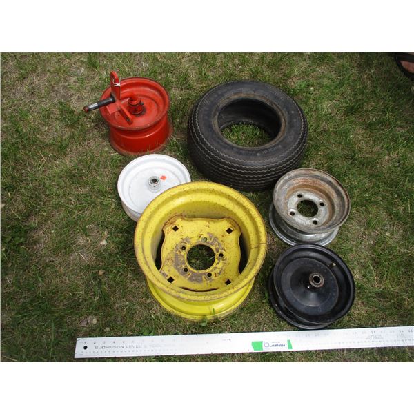 (5) Steel Garden Tractor Rims of Varying Sizes, 165x6.50-8 Turf Tire etc.