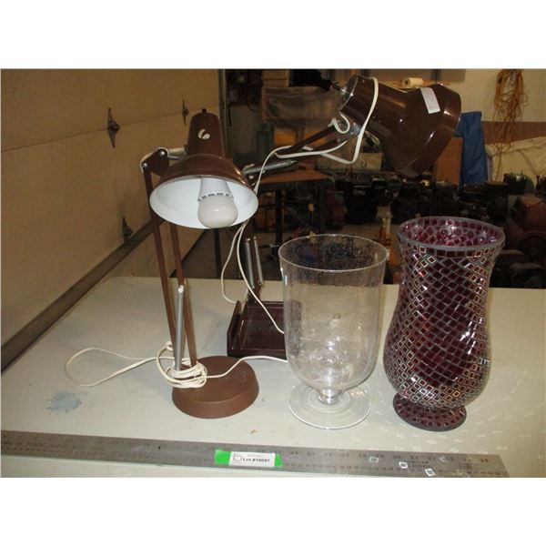 (2) Desk Lamps, Party Light Candle Holder & Red Glass Vase