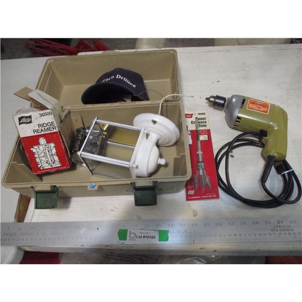 Empty Tackle Box, Ridge Reamer, 3/8" Black & Decker Corded Drill, Brake Cylinder Hone etc.