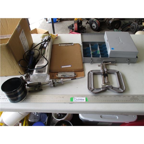 Various Items - Metal Storage Bin, C-Clamps, Cylinder Honing Tool, Clip Boards, Filter Wrench, Furni